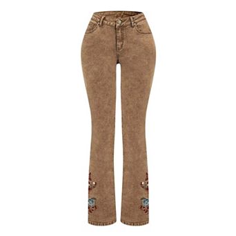 Women's High Waisted Floral Embroidered Flare Jeans, Western Bootcut Denim Pants