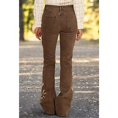 Women's High Waisted Floral Embroidered Flare Jeans, Western Bootcut Denim Pants