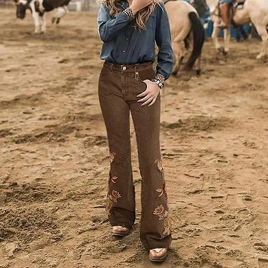 Women's High Waisted Floral Embroidered Flare Jeans, Western Bootcut Denim Pants