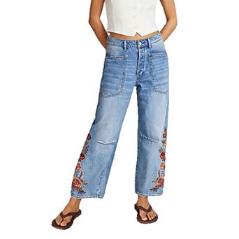 Women's High Waisted Floral Embroidered Barrel Leg Cropped Denim Pants