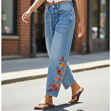 Women's High Waisted Floral Embroidered Barrel Leg Cropped Denim Pants