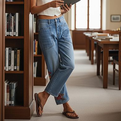 Women's High Waisted Floral Embroidered Barrel Leg Cropped Denim Pants