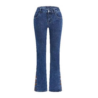 Women's High Waisted Floral Embroidered Flare Jeans, Western Bootcut Denim Pants
