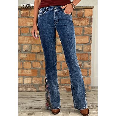 Women's High Waisted Floral Embroidered Flare Jeans, Western Bootcut Denim Pants