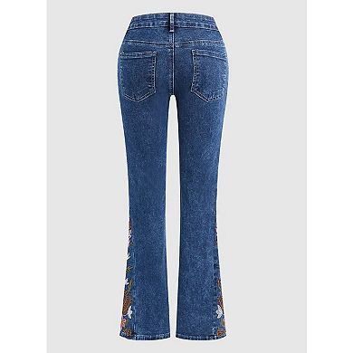 Women's High Waisted Floral Embroidered Flare Jeans, Western Bootcut Denim Pants