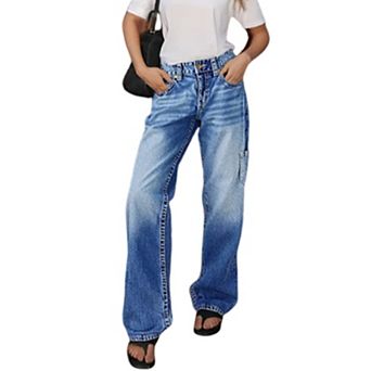 Women's Low Rise Wide Leg Cargo Jeans, Vintage Wash Contrast Stitch Denim Pants