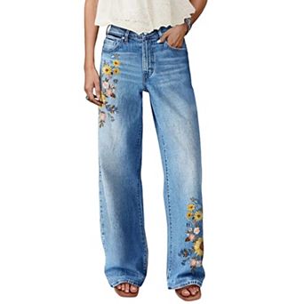 Women's High Waisted Floral Embroidered Wide Leg Jeans, Vintage Wash Denim Pants