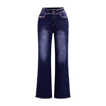 Women's High Waisted Frayed Edge Flare Jeans, Dark Wash Bootcut Denim Pants