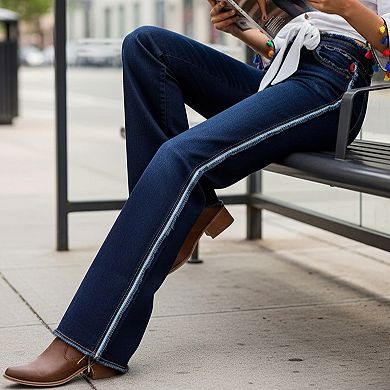 Women's High Waisted Frayed Edge Flare Jeans, Dark Wash Bootcut Denim Pants