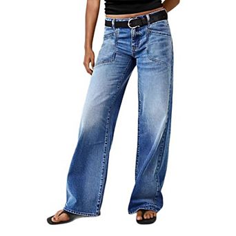 Women's High Waisted Wide Leg Jeans, Vintage Wash Utility Pocket Denim Pants