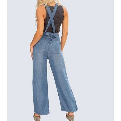 Women's Lightweight Chambray Wide Leg Overalls, Casual Adjustable Strap Jumpsuit