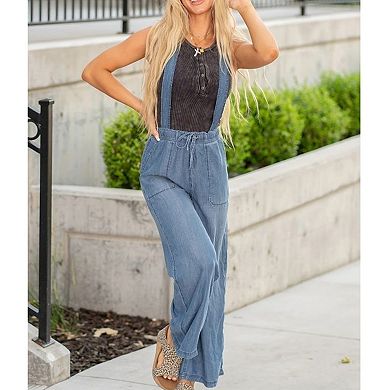 Women's Lightweight Chambray Wide Leg Overalls, Casual Adjustable Strap Jumpsuit