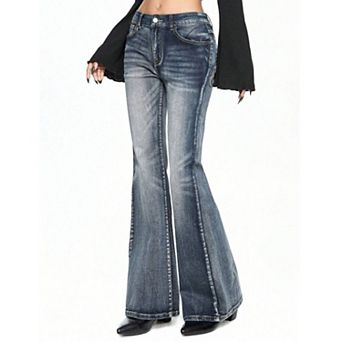 Women's Low Rise Embroidered Flare Jeans, Y2K Vintage Wash Bootcut Denim Pants