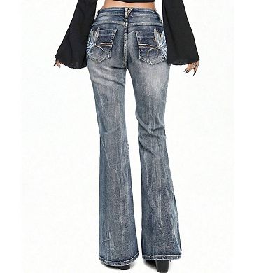 Women's Low Rise Embroidered Flare Jeans, Y2K Vintage Wash Bootcut Denim Pants