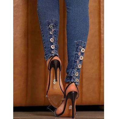Women's High Waisted Skinny Jeans, Ankle Button Detail Stretch Denim Pants