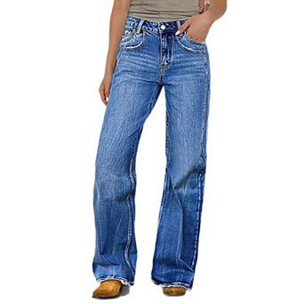 Women's High Waisted Wide Leg Jeans, Vintage Wash Straight Leg Denim Pants
