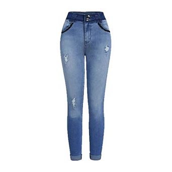 Women's High Waisted Gradient Skinny Jeans, Contrast Stitch Stretch Denim Pants