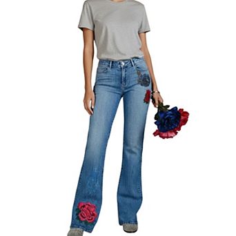 Women's High Waisted Floral Embroidered Flare Jeans, Western Bootcut Denim Pants