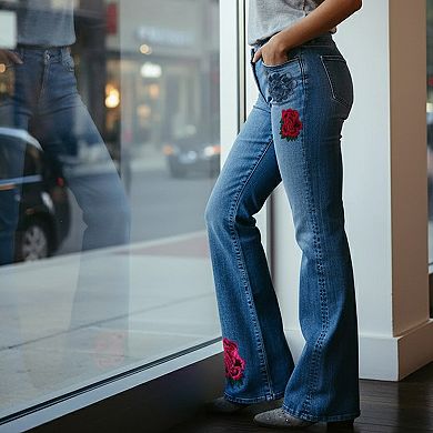 Women's High Waisted Floral Embroidered Flare Jeans, Western Bootcut Denim Pants