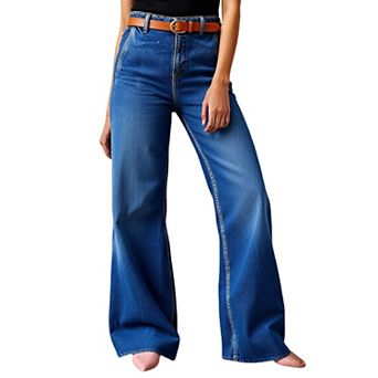 Women's High Waisted Wide Leg Jeans, Button Fly Vintage Wash Denim Pants