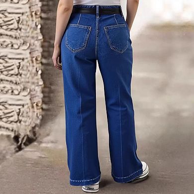 Women's High Waisted Wide Leg Jeans, Button Fly Vintage Wash Denim Pants