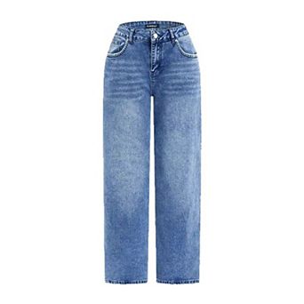 Women's High Waisted Wide Leg Jeans, Vintage Wash Straight Leg Denim Pants