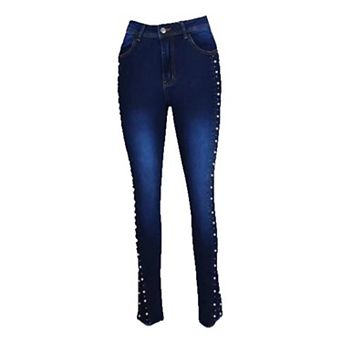 Women's High Waisted Studded Skinny Jeans, Side Embellished Stretch Denim Pants