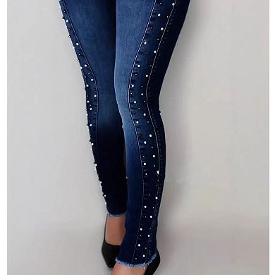 Women's High Waisted Studded Skinny Jeans, Side Embellished Stretch Denim Pants