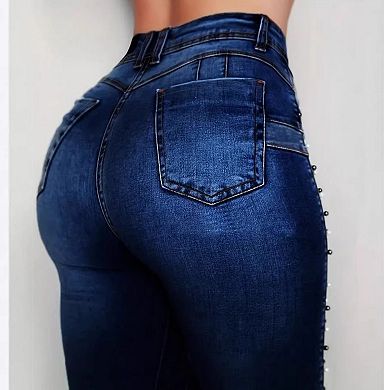 Women's High Waisted Studded Skinny Jeans, Side Embellished Stretch Denim Pants