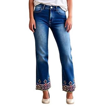 Women's Mid Rise Embroidered Cropped Flare Jeans, Ankle Denim Pants