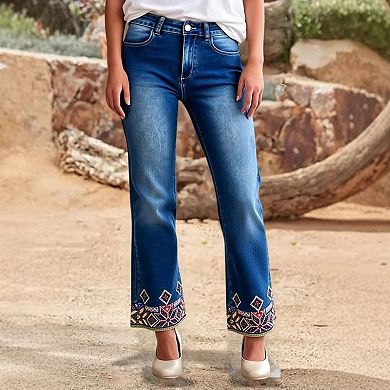 Women's Mid Rise Embroidered Cropped Flare Jeans, Ankle Denim Pants