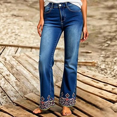 Women's Mid Rise Embroidered Cropped Flare Jeans, Ankle Denim Pants
