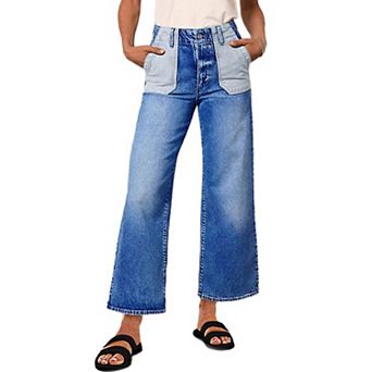 Women's High Waisted Two-Tone Wide Leg Jeans, Contrast Pocket Denim Pants