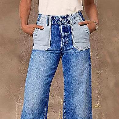 Women's High Waisted Two-Tone Wide Leg Jeans, Contrast Pocket Denim Pants