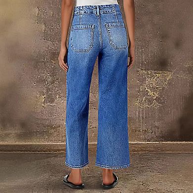 Women's High Waisted Two-Tone Wide Leg Jeans, Contrast Pocket Denim Pants