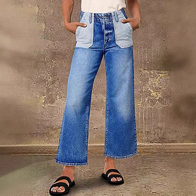 Women's High Waisted Two-Tone Wide Leg Jeans, Contrast Pocket Denim Pants