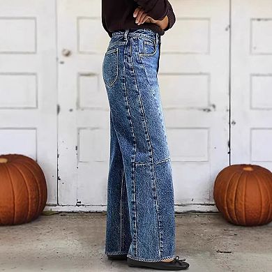 Women's High Waisted Seam Detail Wide Leg Jeans, Structured Denim Pants