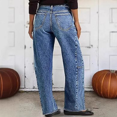 Women's High Waisted Seam Detail Wide Leg Jeans, Structured Denim Pants