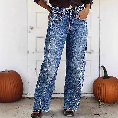 Women's High Waisted Seam Detail Wide Leg Jeans, Structured Denim Pants