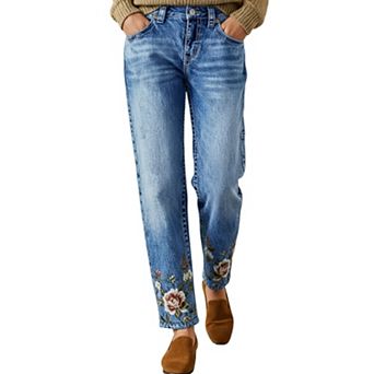 Women's Mid Rise Floral Embroidered Straight Leg Jeans, Ankle Denim Pants