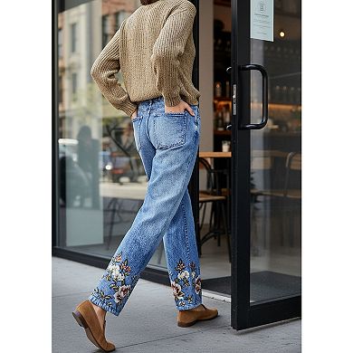 Women's Mid Rise Floral Embroidered Straight Leg Jeans, Ankle Denim Pants