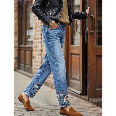 Women's Mid Rise Floral Embroidered Straight Leg Jeans, Ankle Denim Pants
