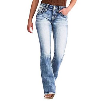 Women's Mid Rise Star Embroidered Bootcut Jeans, Light Wash Western Denim Pants
