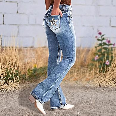 Women's Mid Rise Star Embroidered Bootcut Jeans, Light Wash Western Denim Pants