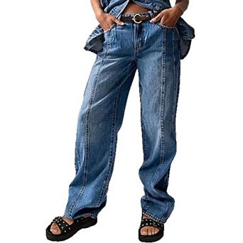 Women's Mid Rise Seam Detail Wide Leg Jeans, Contrast Stitch Denim Pants
