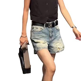 Women's High Waisted Vintage Wash Distressed Denim Shorts, Raw Hem Cut-Offs