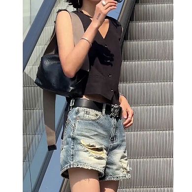Women's High Waisted Vintage Wash Distressed Denim Shorts, Raw Hem Cut-Offs