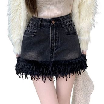 Women's High Waisted Faux Fur Trim Denim Mini Skirt, Vintage Washed Jean Skirt