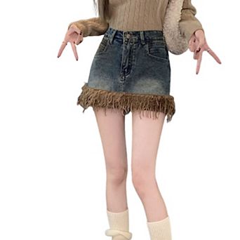 Women's High Waisted Faux Fur Trim Denim Skort, Vintage Washed Jean Skirt with Shorts Lining
