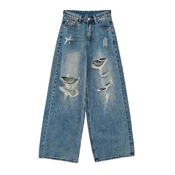 Women's Mid Rise Distressed Wide Leg Jeans, Vintage Washed Baggy Denim Pants